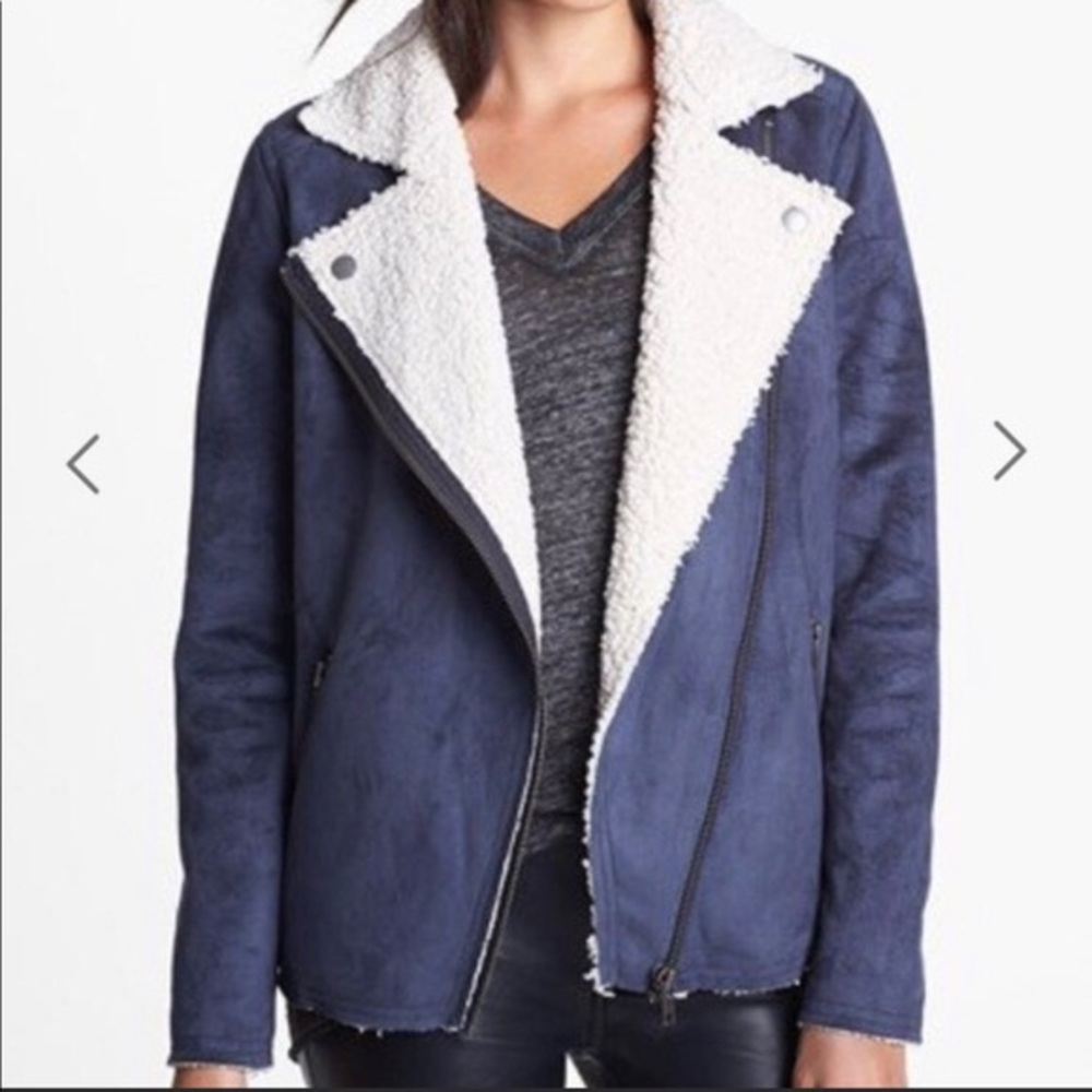 Leith Blue Faux Suede Sherpa Trim Moto Zip Jacket - Picture 2 of 15